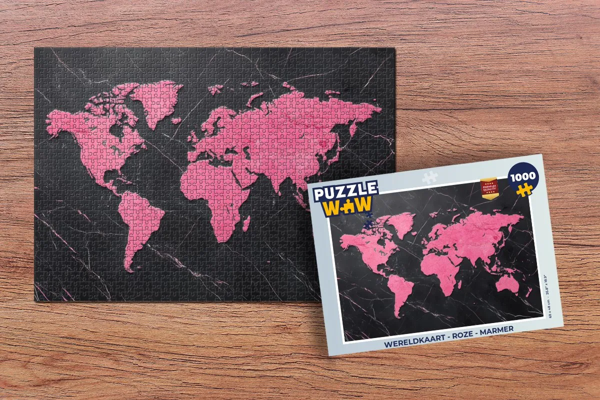 PuzzleWow Wereldkaart Legpuzzel 1000 Stuks - Roze Marmer