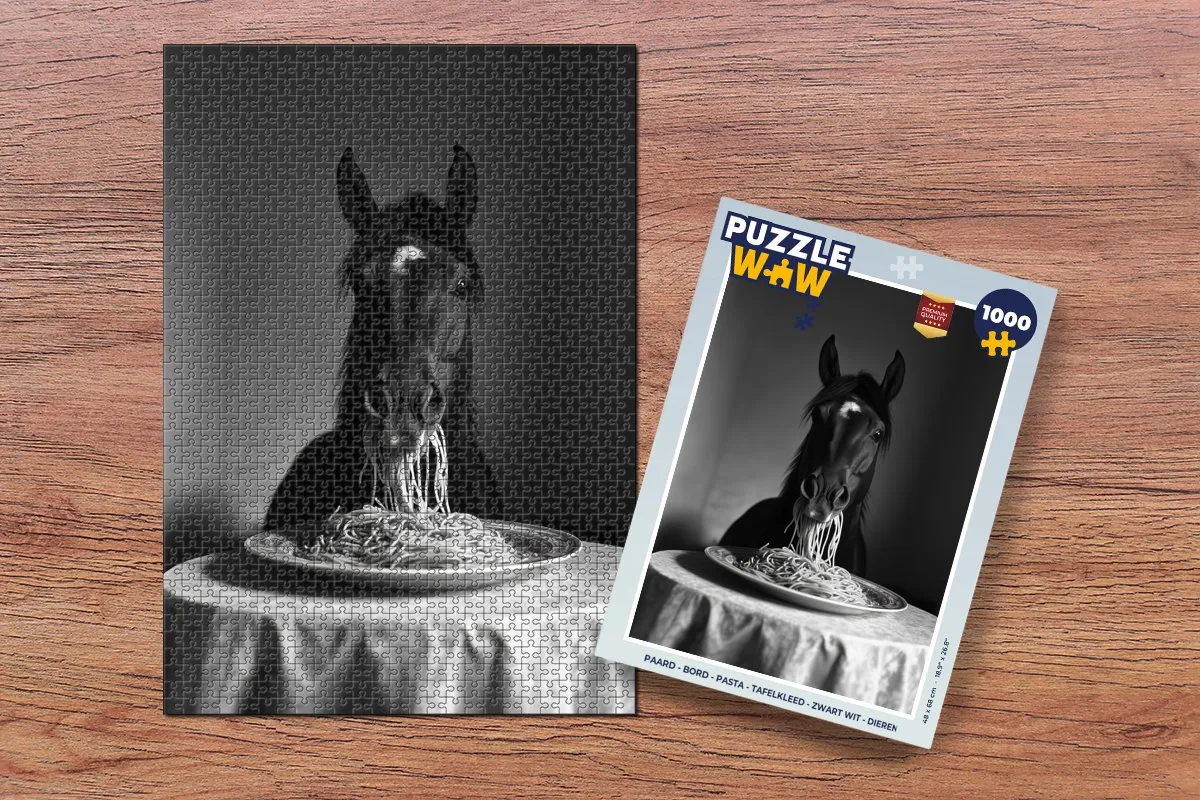 PuzzleWow Paard Bord Pasta Tafelkleed Legpuzzel 1000 Stuks - Zwart/Wit