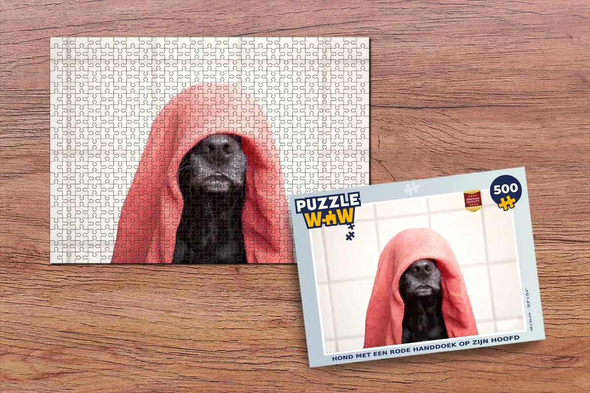 PuzzleWow Hond met rode handdoek - Legpuzzel 500 Stuks - Multicolor