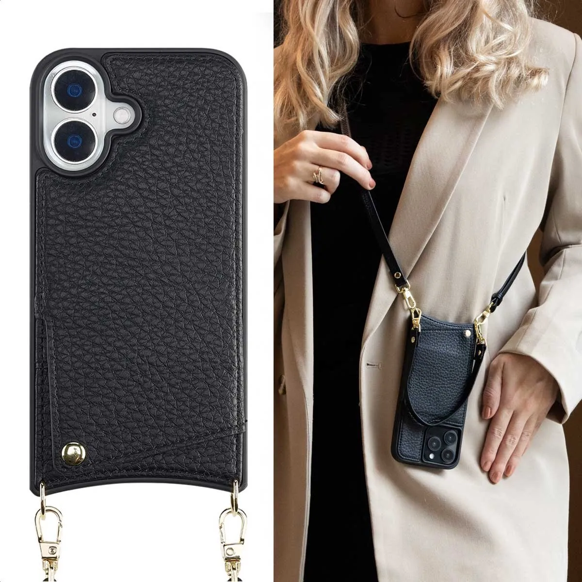Selencia Hoesje iPhone 16 - Backcover met koord en pashouder - Zwart