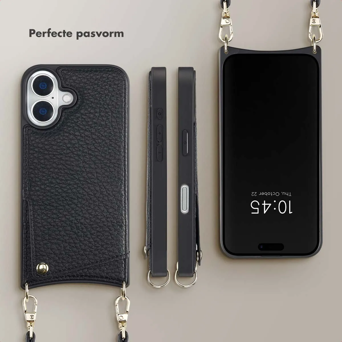 Selencia Hoesje iPhone 16 - Backcover met koord en pashouder - Zwart - afbeelding 6 van 6
