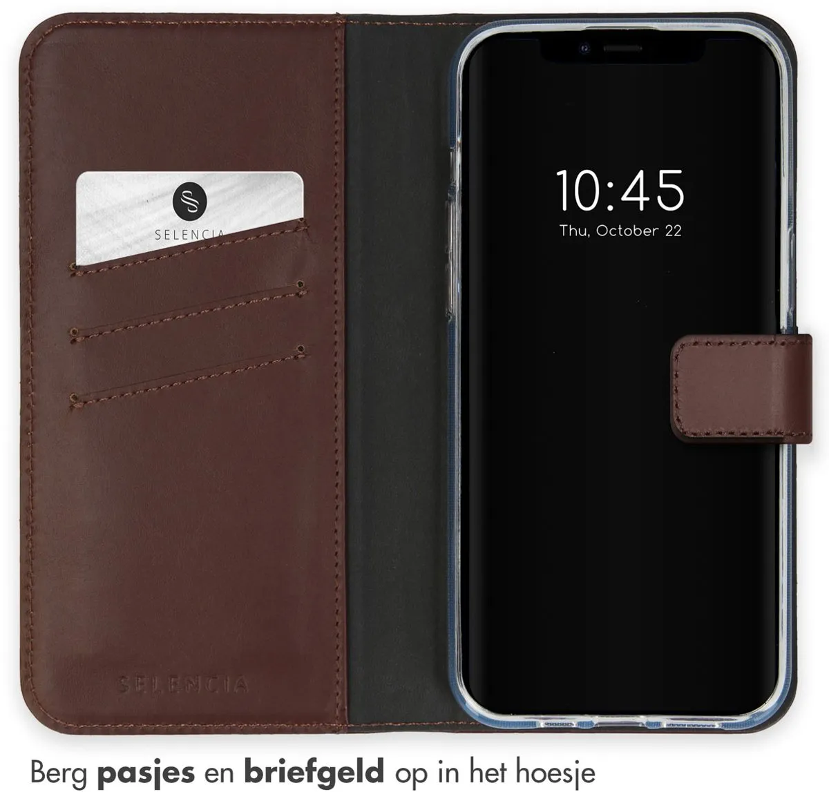 Selencia Hoesje iPhone 15 Echt Lederen Bookcase - 3 Pasjes - Bruin