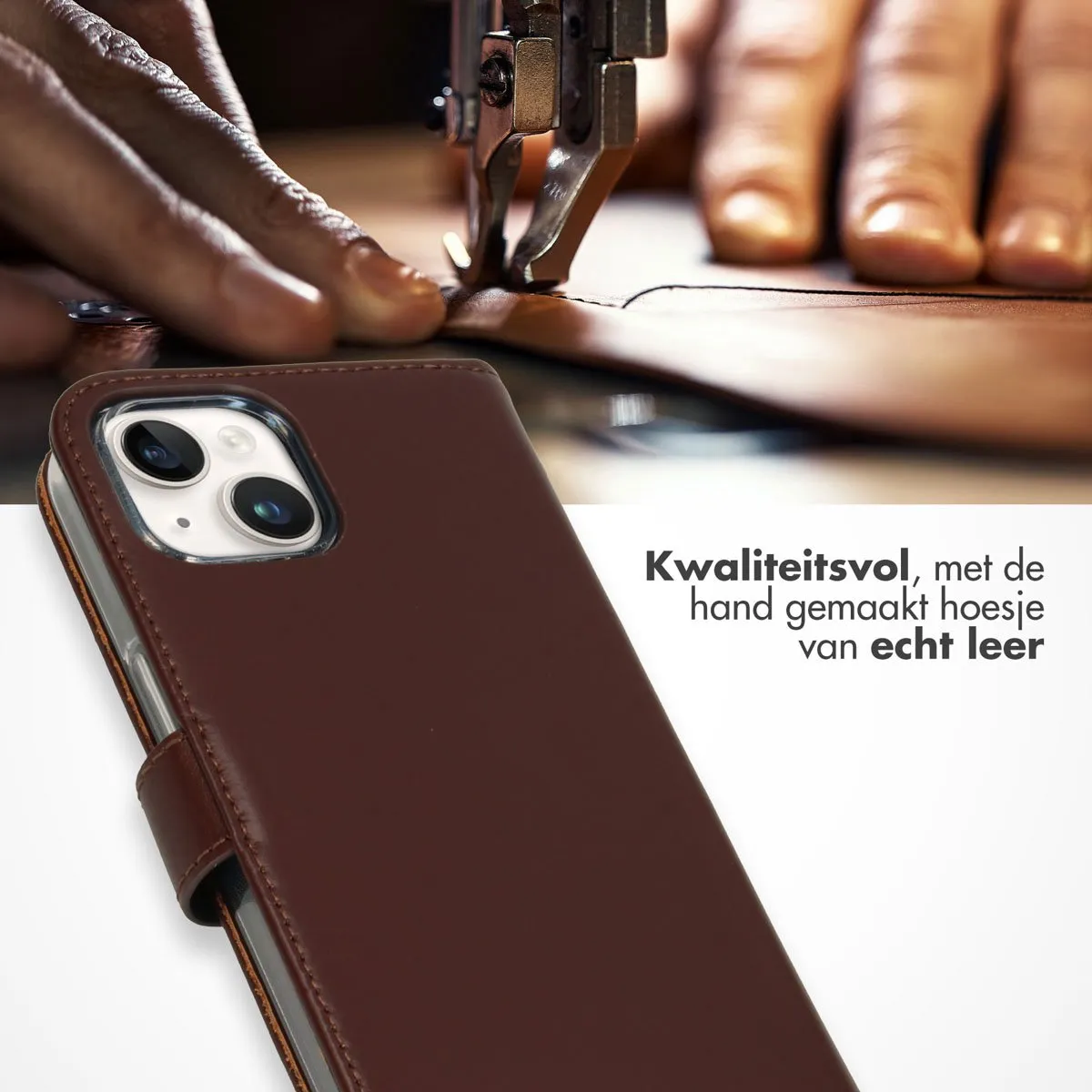 Selencia Hoesje iPhone 15 Echt Lederen Bookcase - 3 Pasjes - Bruin