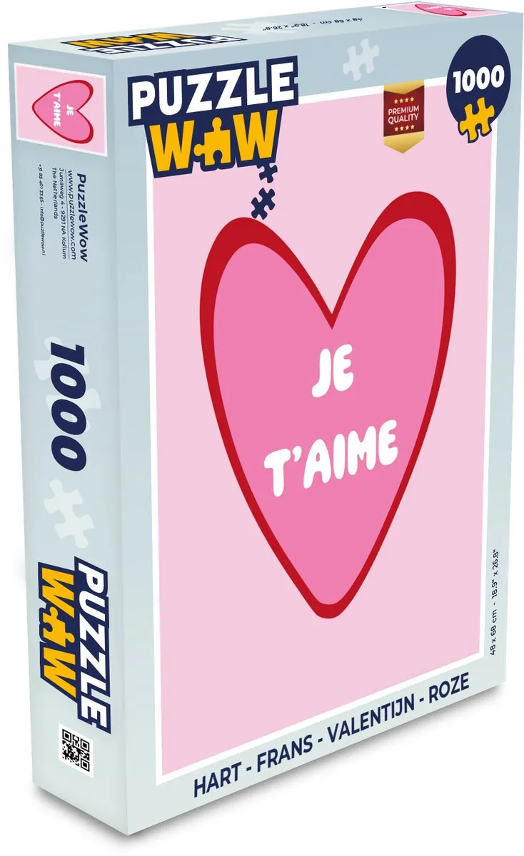 PuzzleWow Hart - Je t'aime Legpuzzel 1000 Stuks - Roze