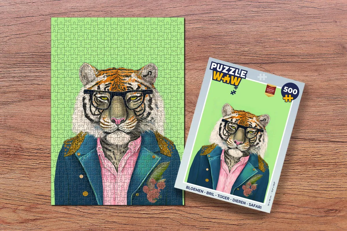PuzzleWow Bloemen Bril Tijger Safari Legpuzzel 500 Stuks - Multicolor