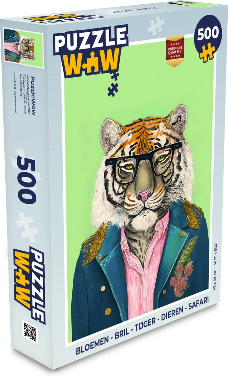 PuzzleWow Bloemen Bril Tijger Safari Legpuzzel 500 Stuks - Multicolor