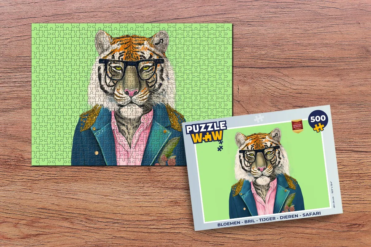 PuzzleWow Bloemen Bril Tijger Safari Legpuzzel 500 Stuks - Multicolor