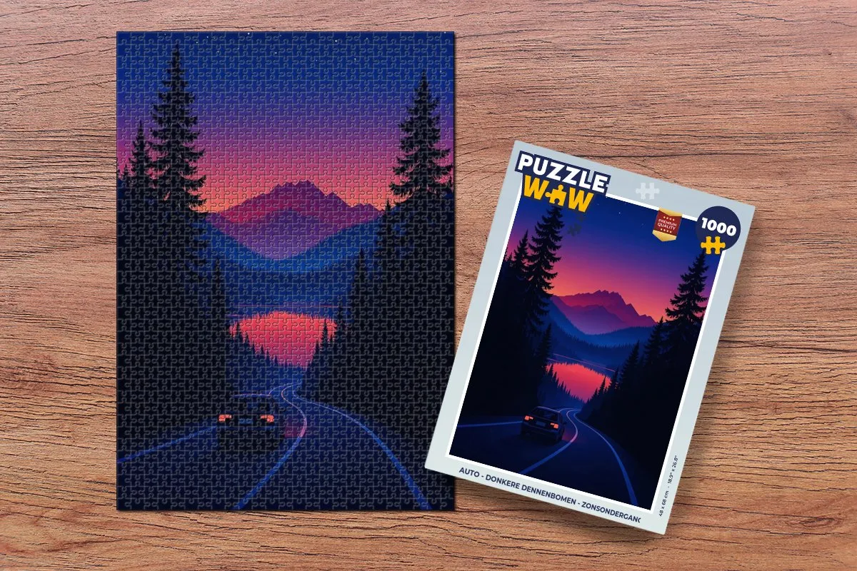 PuzzleWow Legpuzzel 1000 Stuks - Donkere dennenbomen & zonsondergang