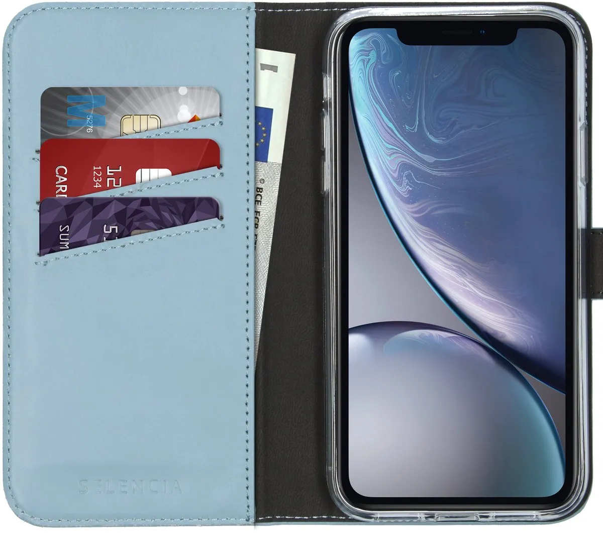Selencia Hoesje iPhone XR Echt Lederen Bookcase - Lichtblauw - 3 Pasjes