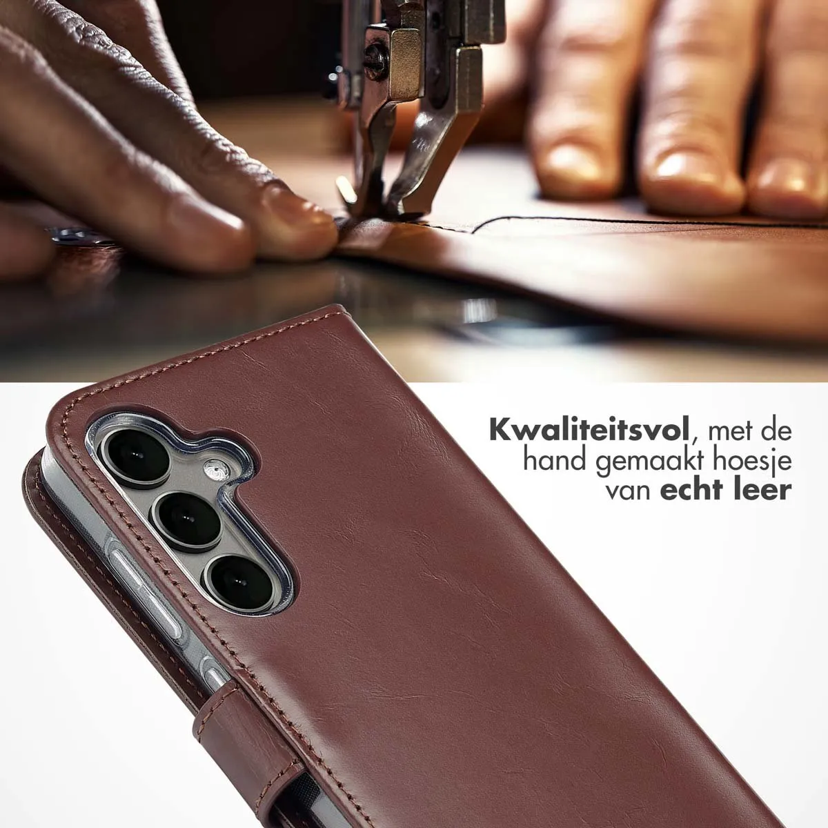 Selencia Hoesje Samsung Galaxy S25 Plus - Donkerbruin Lederen Bookcase - 3 Pasjes