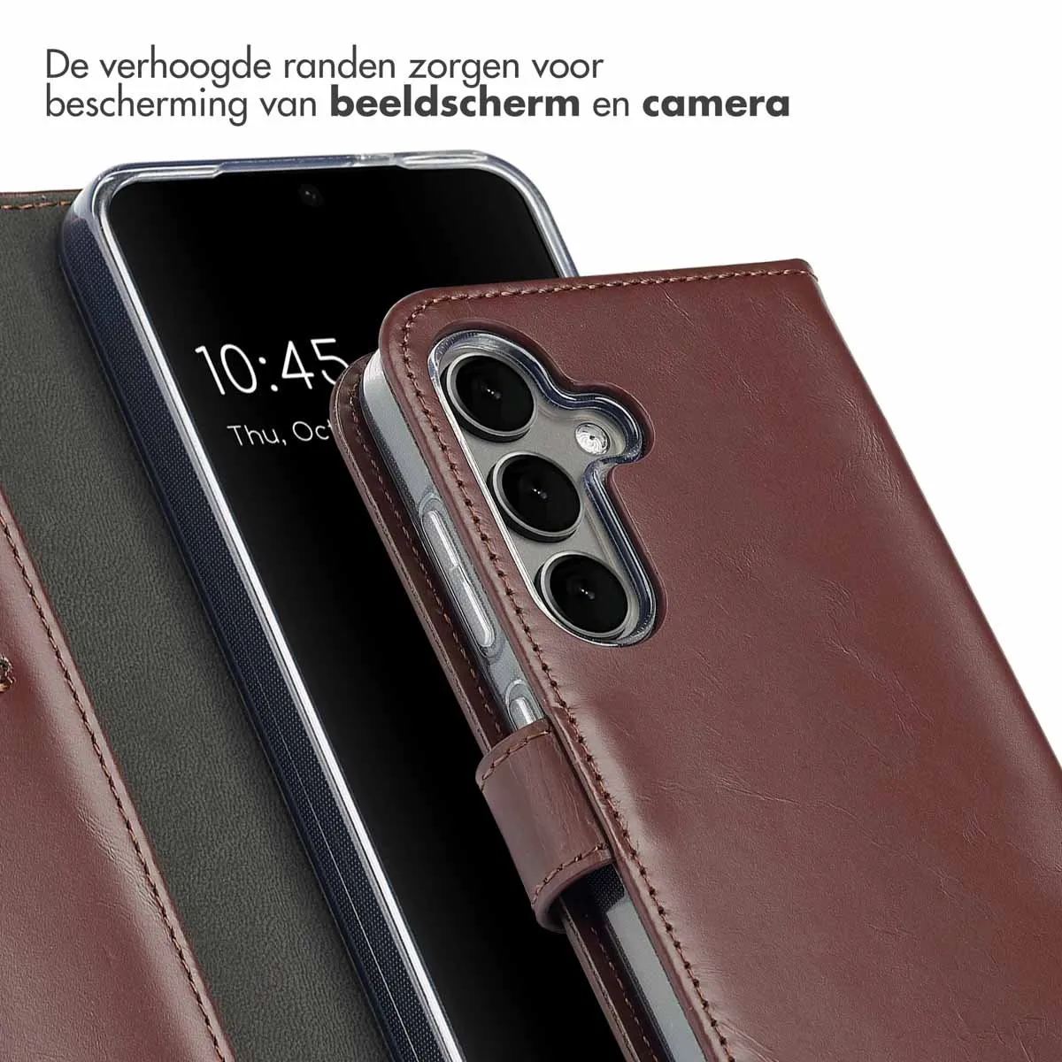 Selencia Hoesje Samsung Galaxy S25 Plus - Donkerbruin Lederen Bookcase - 3 Pasjes