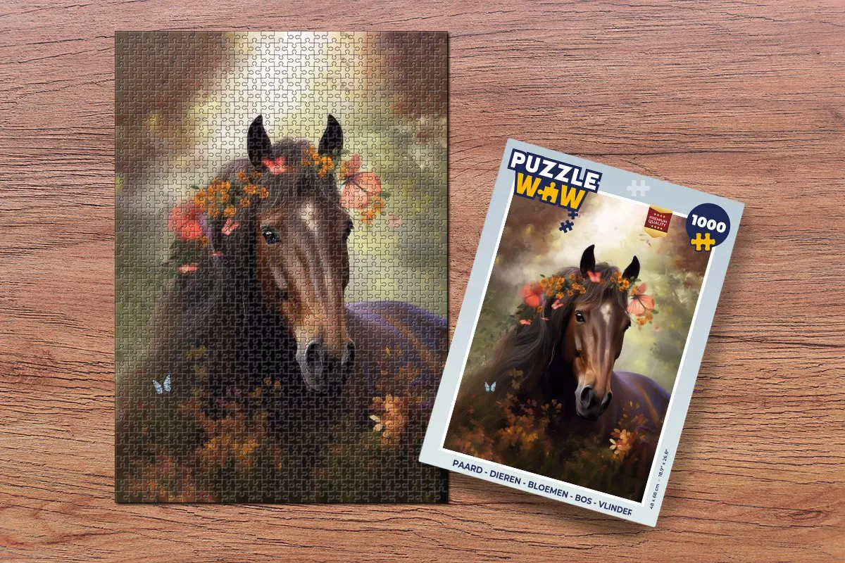 PuzzleWow Legpuzzel 1000 Stuks - Paard Dieren Bloemen Bos Vlinder - Multicolor