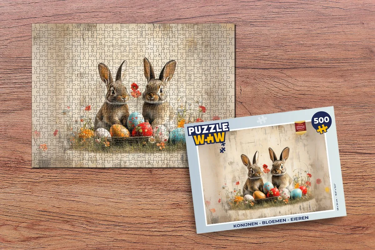 PuzzleWow Konijnen Bloemen Eieren Legpuzzel 500 Stuks - Vintage