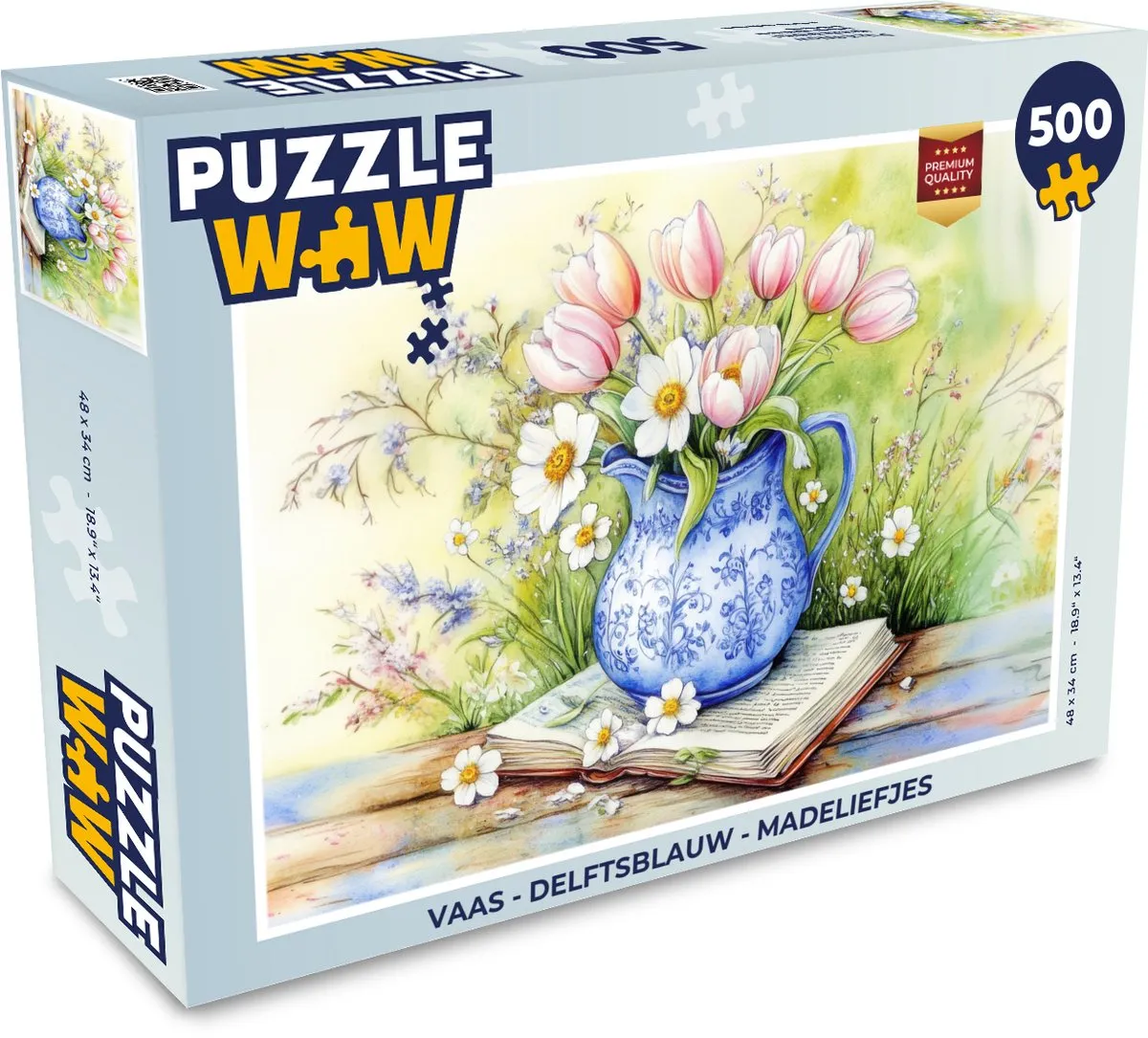 PuzzleWow Madeliefjes Puzzel 500 Stuks - Delftsblauwe Vaas