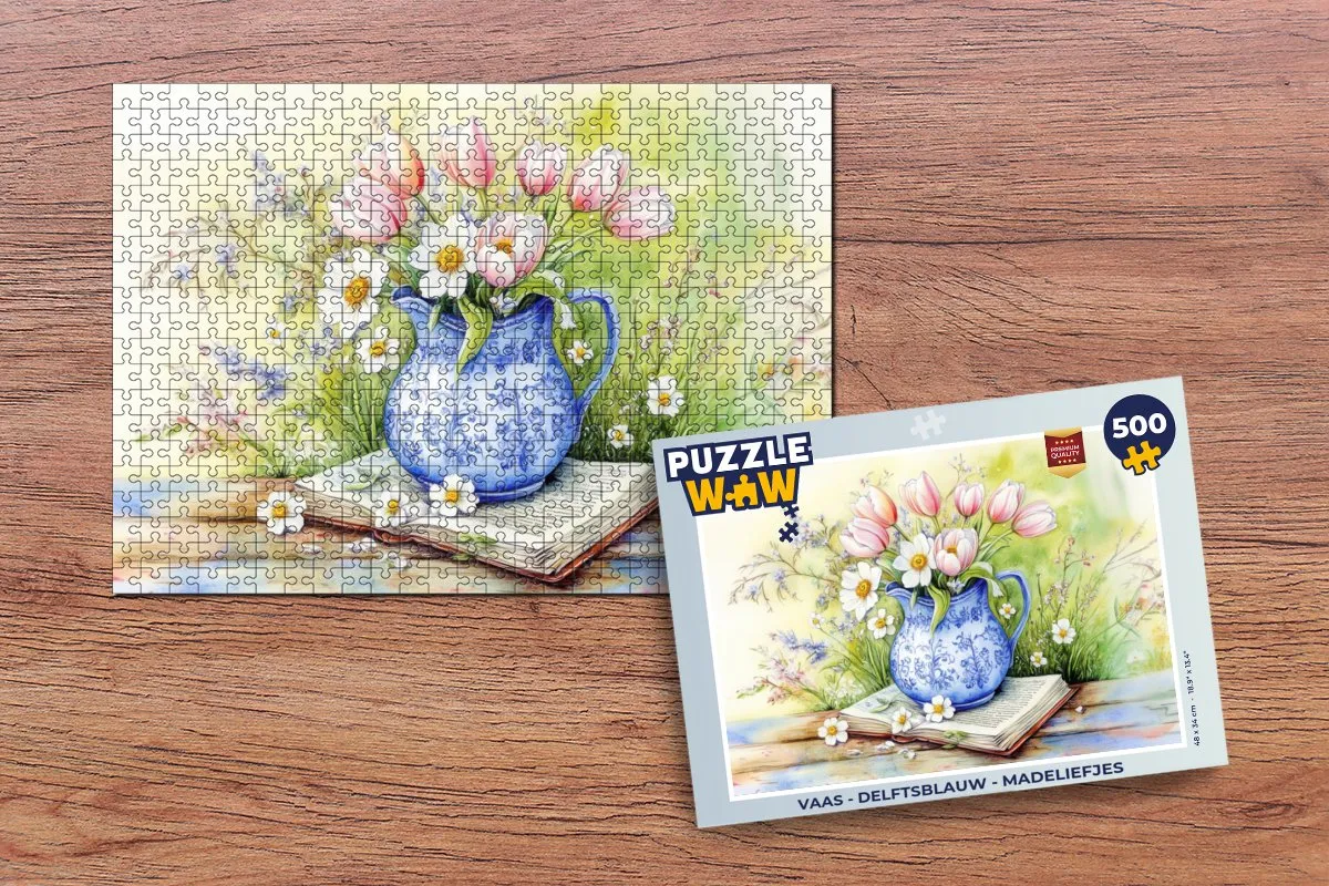 PuzzleWow Madeliefjes Puzzel 500 Stuks - Delftsblauwe Vaas