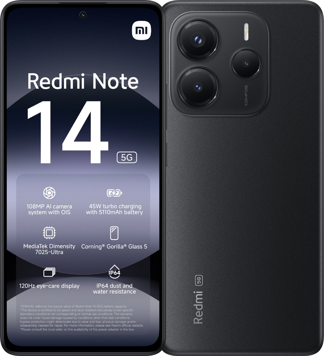 Xiaomi Redmi Note 14 - 5G - 8GB/256GB - Midnight Zwart