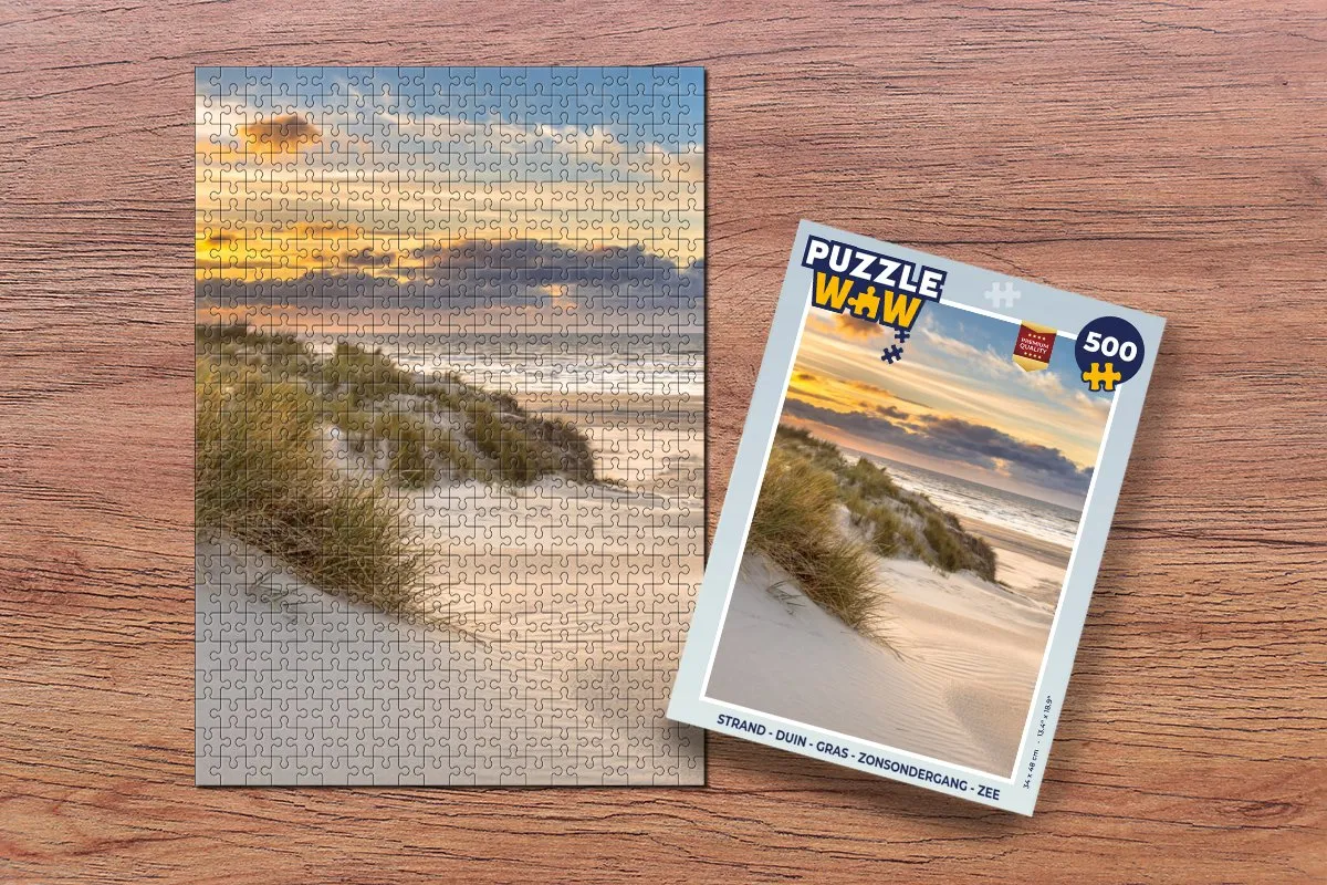 PuzzleWow Legpuzzel 500 Stuks - Strand Duin Gras Zonsondergang Zee - Multicolor
