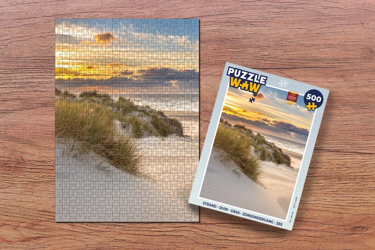 PuzzleWow Legpuzzel 500 Stuks - Strand Duin Gras Zonsondergang Zee - Multicolor