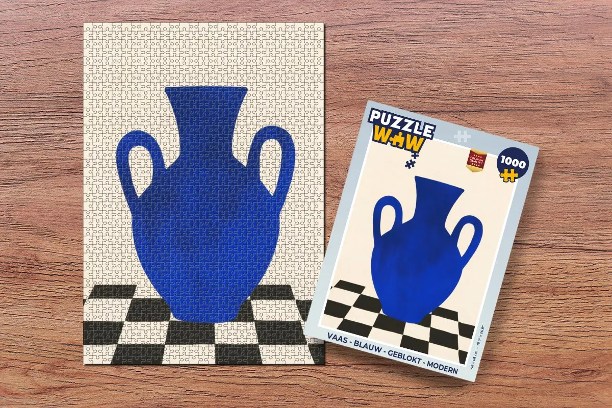 PuzzleWow Vaas Geblokt Puzzel 1000 Stuks - Blauw