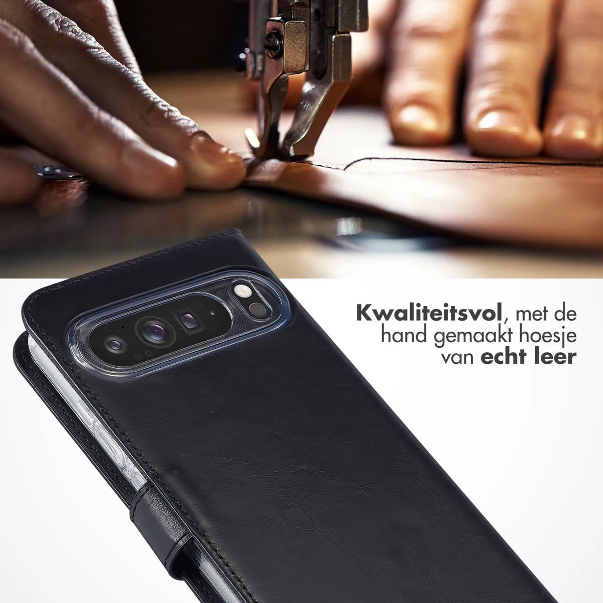 Selencia Hoesje Google Pixel 9 Pro XL - Echt Lederen Bookcase Zwart