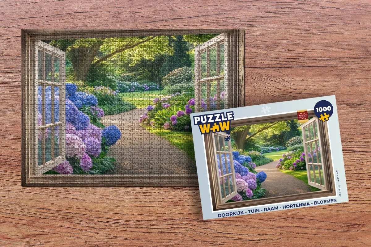 PuzzleWow Doorkijk Puzzel 1000 Stuks - Hortensia Tuin