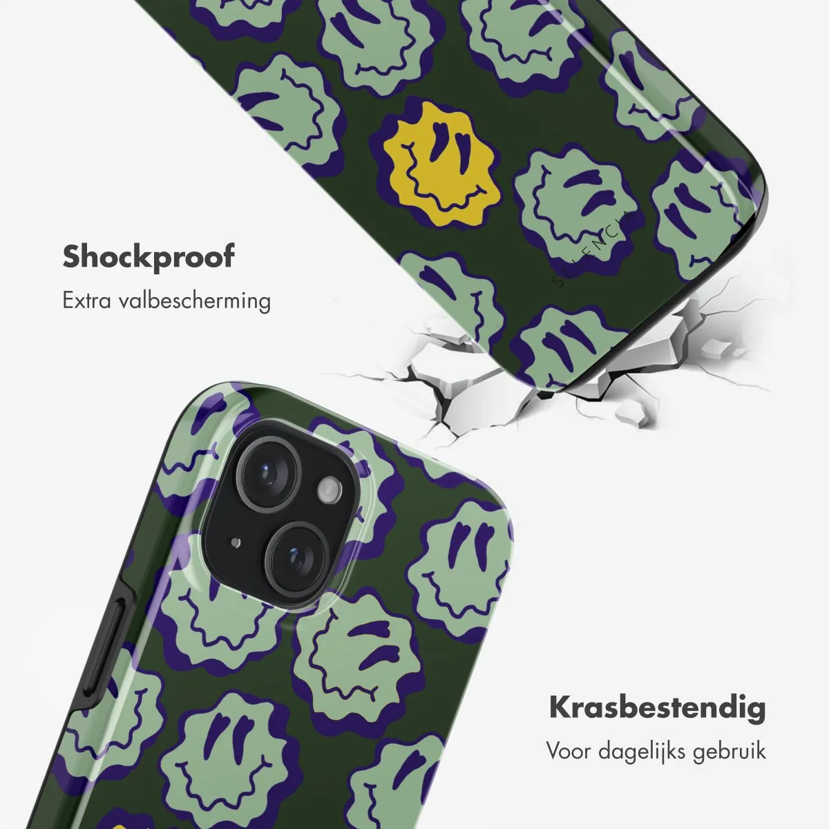 Selencia Hoesje iPhone 15 Wavy Smiley Green - MagSafe