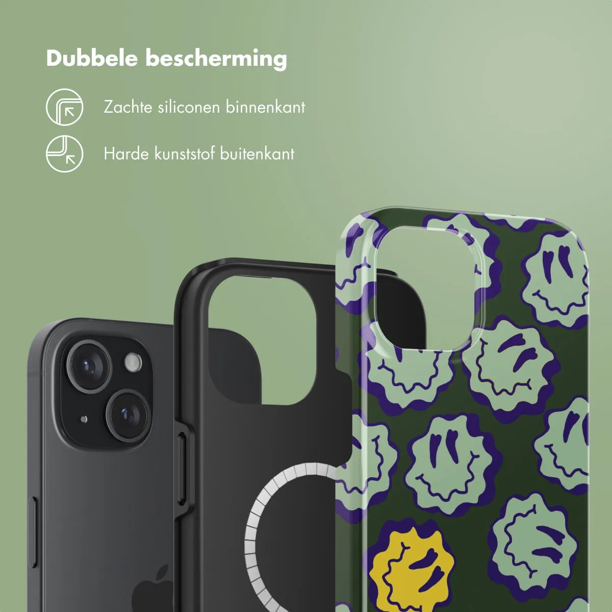 Selencia Hoesje iPhone 15 Wavy Smiley Green - MagSafe