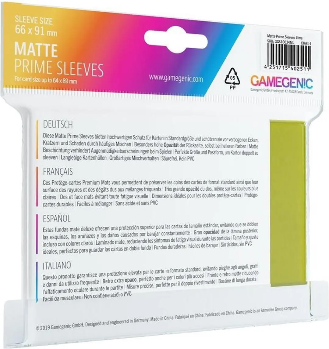 Gamegenic Prime Sleeves Matte Lime GGS10111ML - 100x