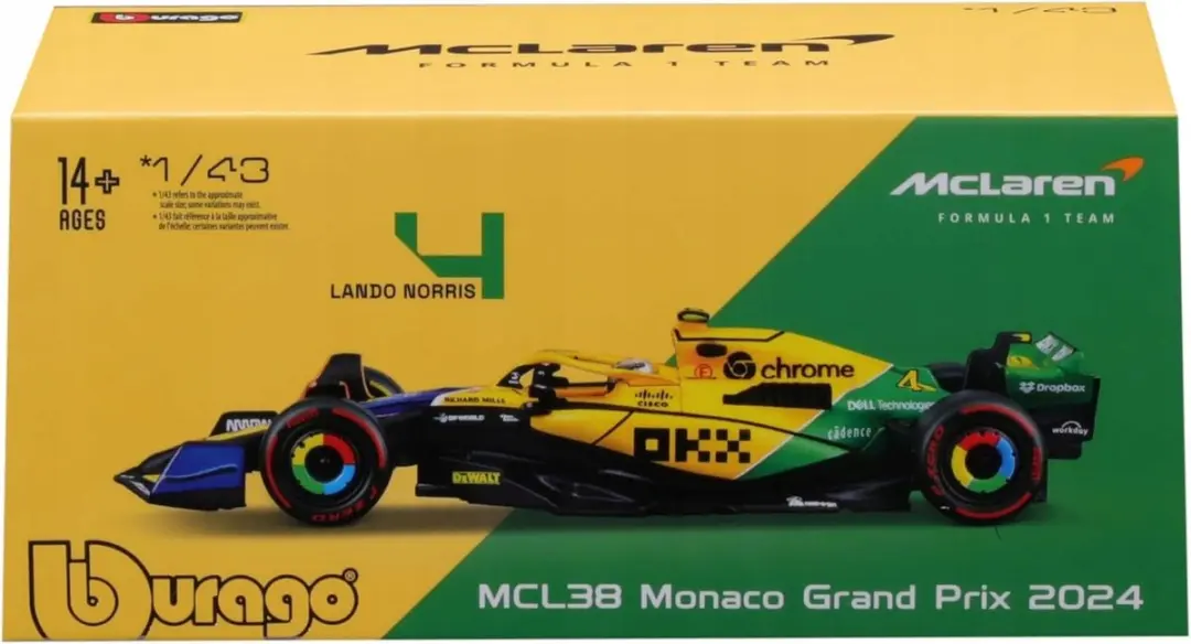 Bburago McLaren MCL38 F1 Monaco 2024 Lando Norris 1:43 - Blauw