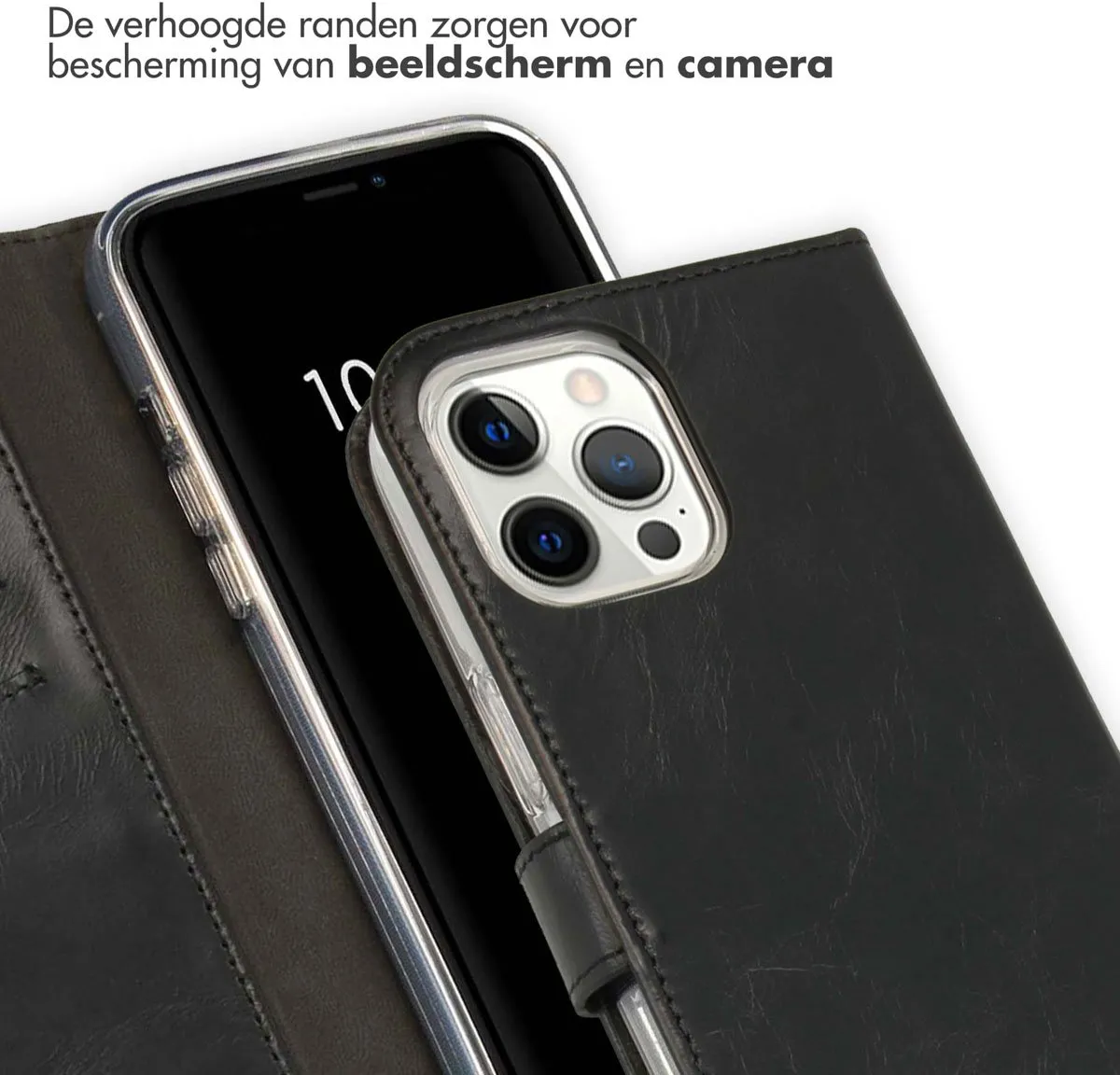 Selencia Hoesje iPhone 12 Pro Max - Echt Lederen Bookcase 3 Stuks - Zwart