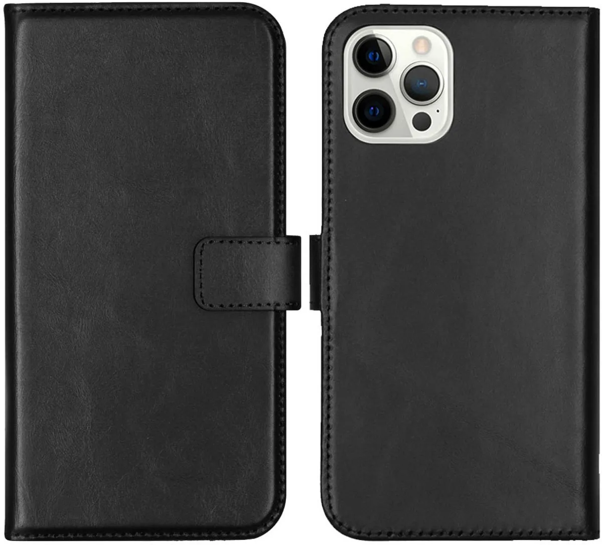 Selencia Hoesje iPhone 12 Pro Max - Echt Lederen Bookcase 3 Stuks - Zwart