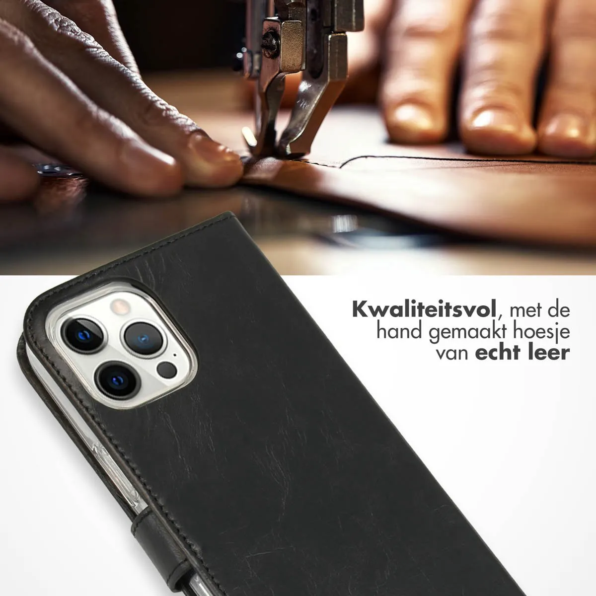 Selencia Hoesje iPhone 12 Pro Max - Echt Lederen Bookcase 3 Stuks - Zwart