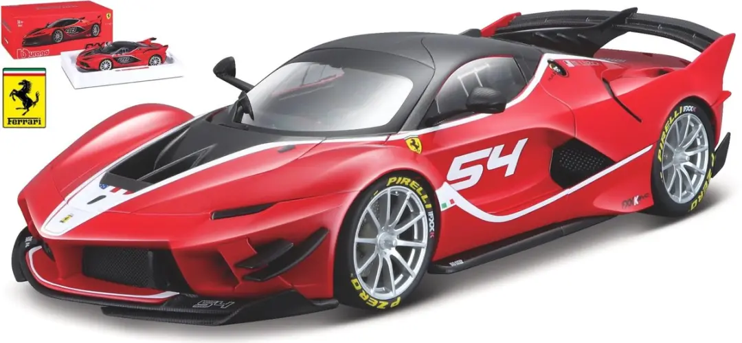 De 1:18 gegoten modelauto van de Ferrari FXX K Evo #54 in rood en zilver. De fab