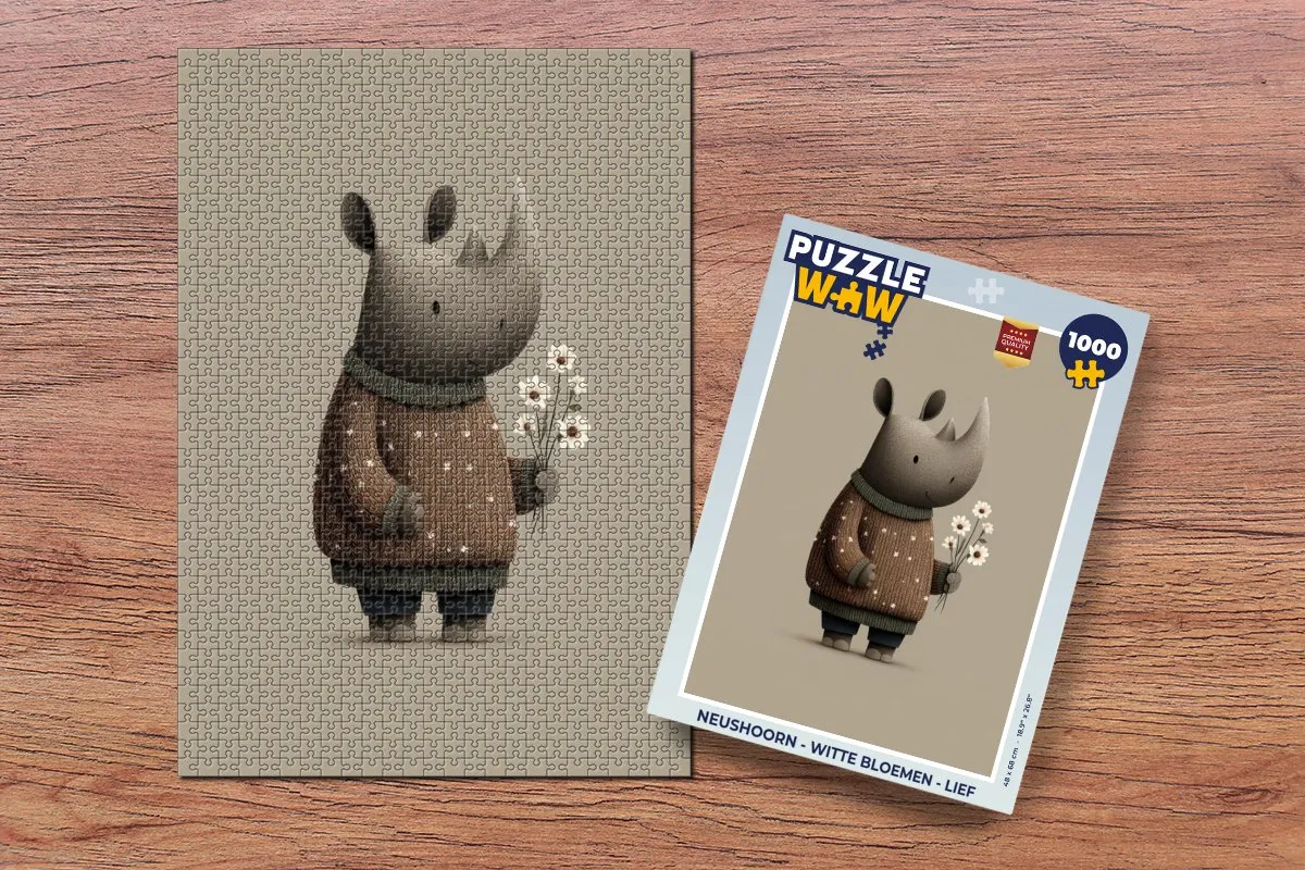 PuzzleWow Neushoorn - Witte Bloemen Legpuzzel 1000 Stuks