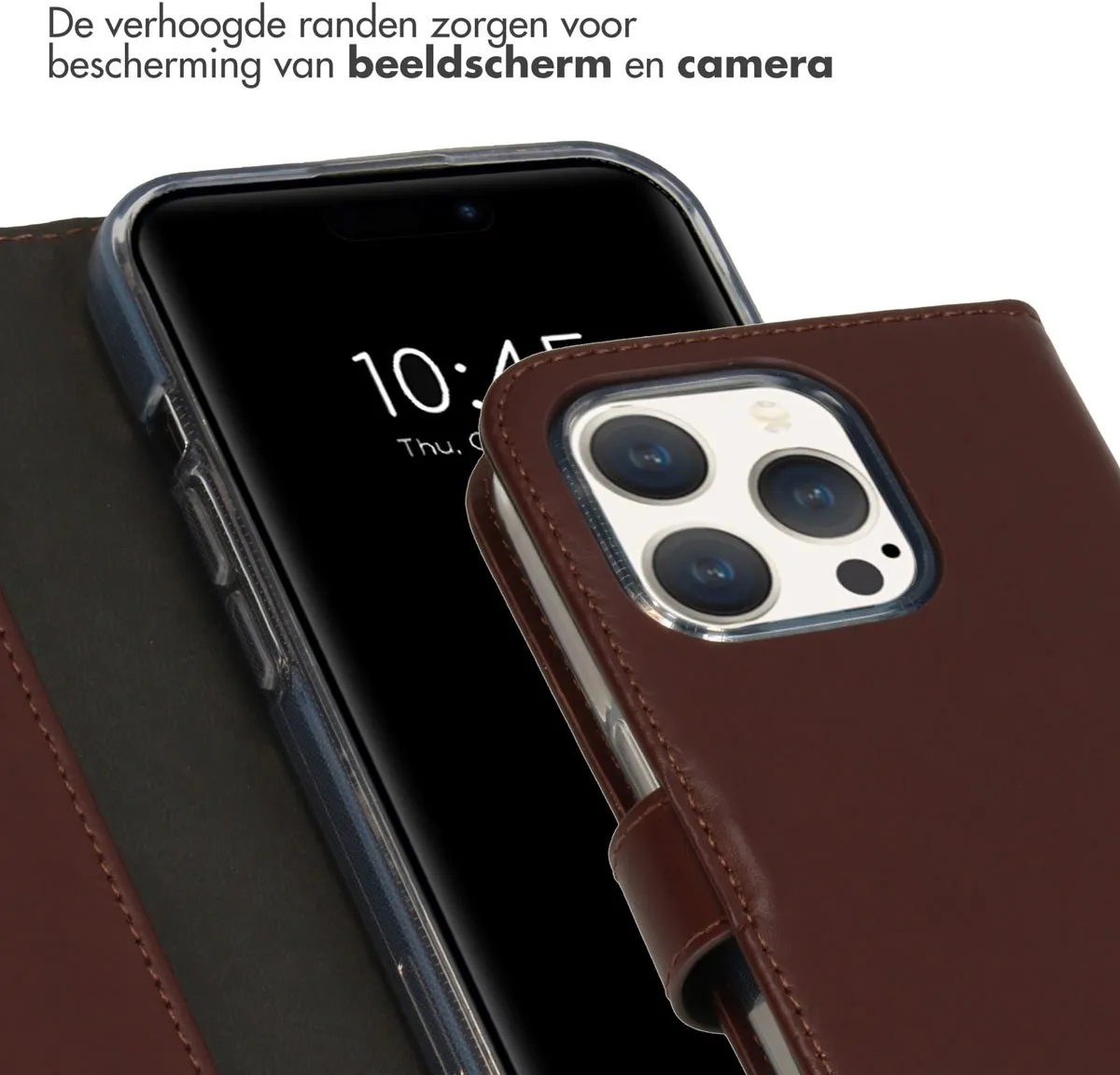 Selencia Hoesje iPhone 15 Pro Echt Lederen Bookcase - 3 Pasjes - Bruin