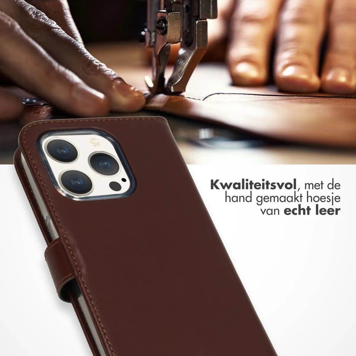 Selencia Hoesje iPhone 15 Pro Echt Lederen Bookcase - 3 Pasjes - Bruin