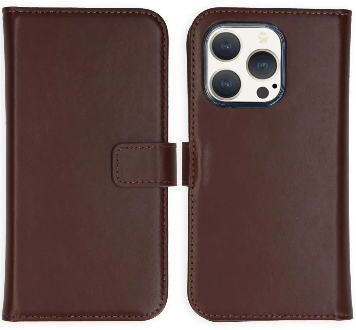 Selencia Hoesje iPhone 15 Pro Echt Lederen Bookcase - 3 Pasjes - Bruin