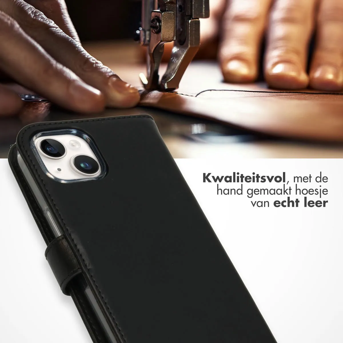 Selencia Hoesje iPhone 15 Echt Lederen Bookcase - 3 Pasjes - Zwart