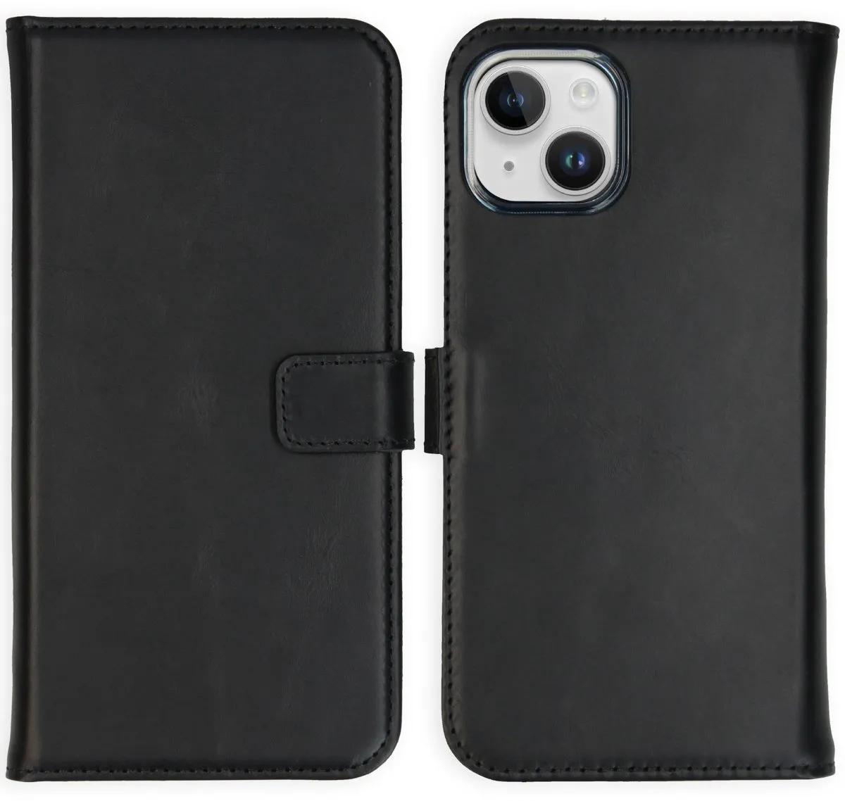 Selencia Hoesje iPhone 15 Echt Lederen Bookcase - 3 Pasjes - Zwart