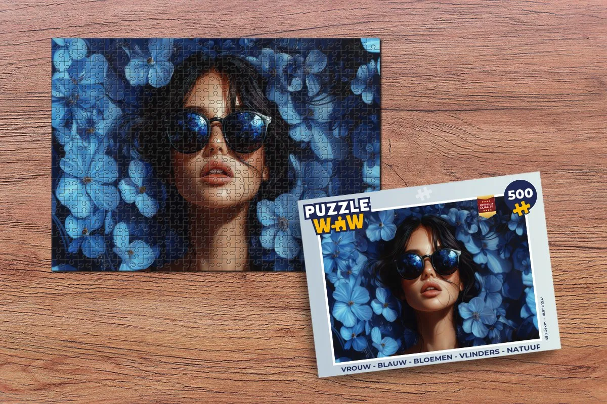 PuzzleWow Vrouw Bloemen Vlinders Natuur Legpuzzel 500 Stuks - Blauw