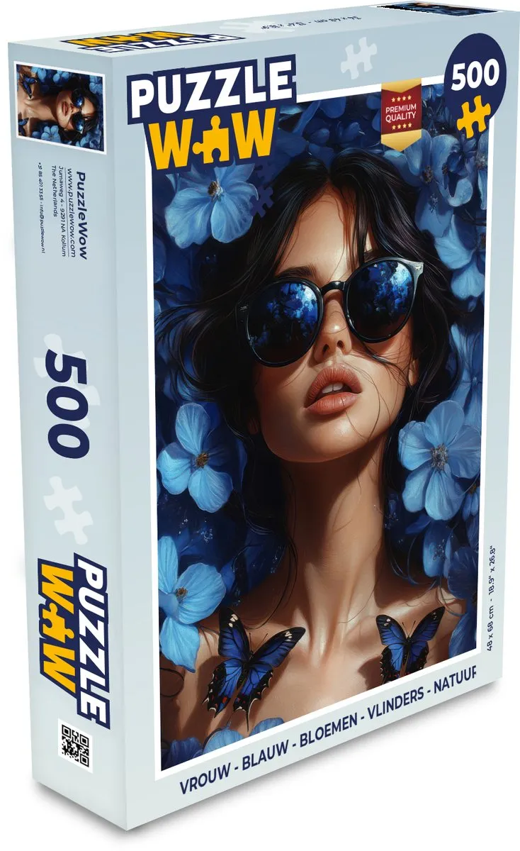 PuzzleWow Vrouw Bloemen Vlinders Natuur Legpuzzel 500 Stuks - Blauw