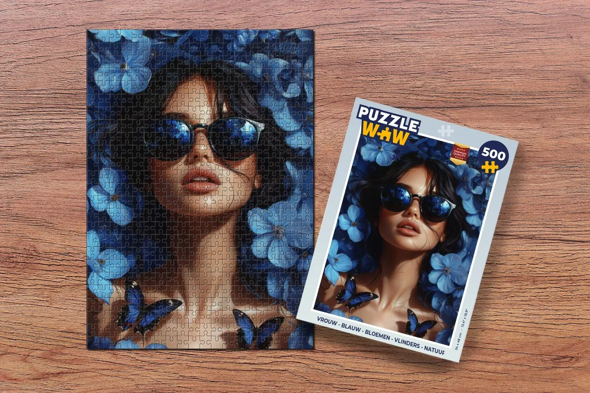 PuzzleWow Vrouw Bloemen Vlinders Natuur Legpuzzel 500 Stuks - Blauw