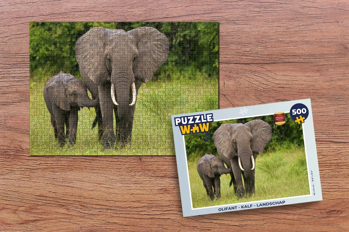 PuzzleWow Olifant Kalf Landschap Legpuzzel 500 Stuks - Multicolor