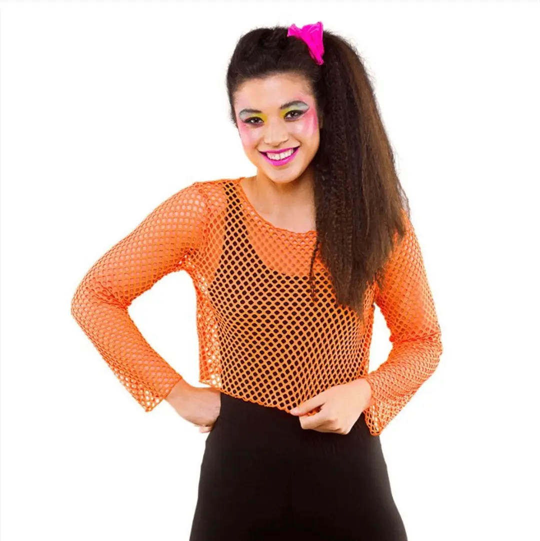 Visnet shirt Maud 80- jaren neon oranje