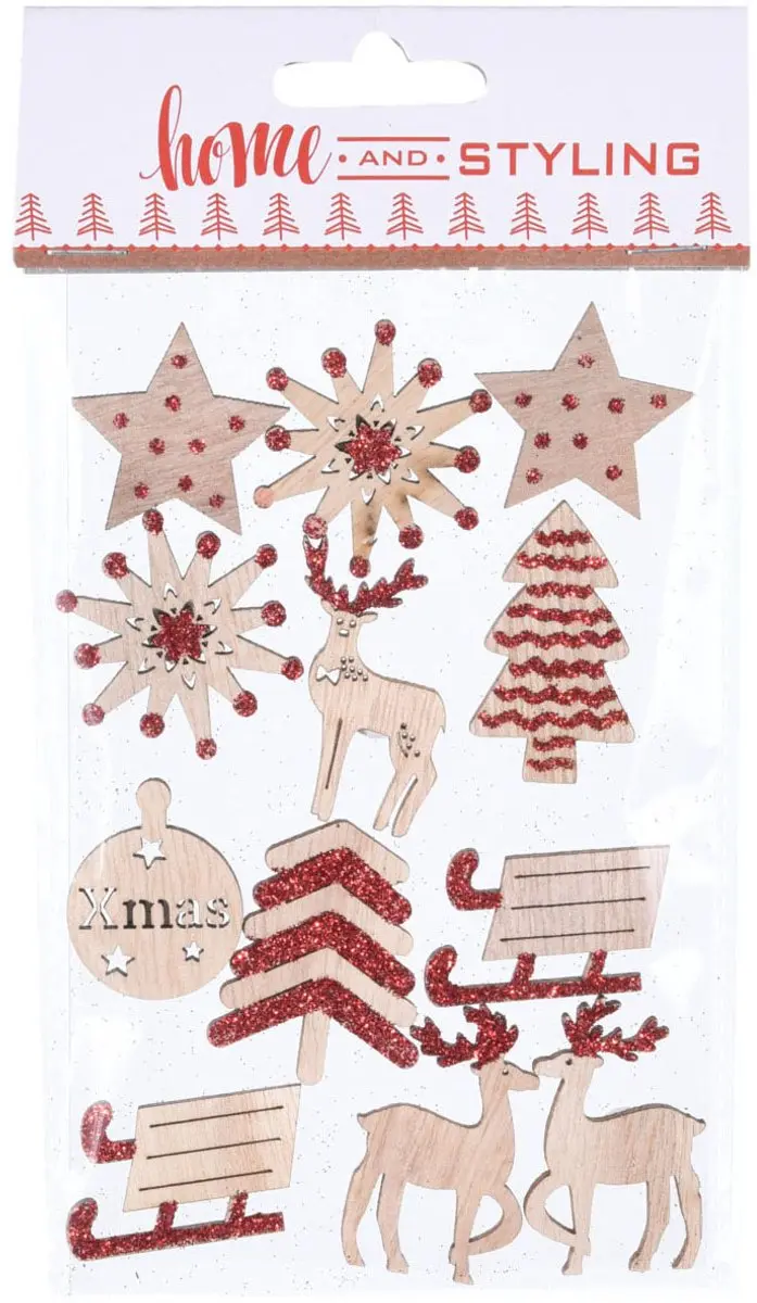 Houten Kerststickers met Glitters, 12st.