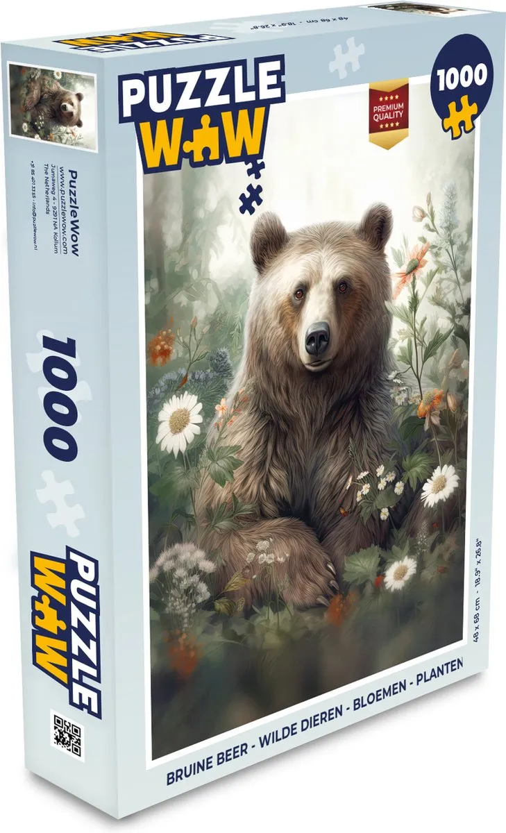 PuzzleWow Legpuzzel Bruine Beer Wilde Dieren Bloemen 1000 Stuks - Multicolor