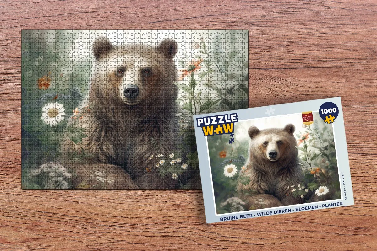 PuzzleWow Legpuzzel Bruine Beer Wilde Dieren Bloemen 1000 Stuks - Multicolor
