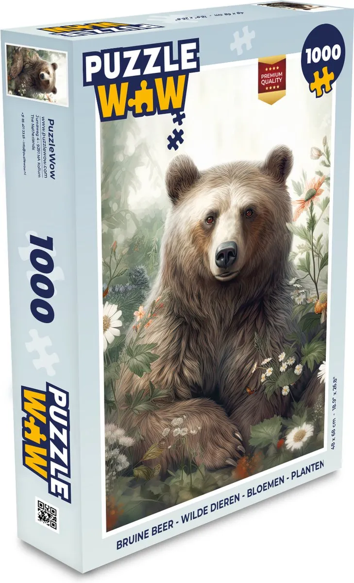 PuzzleWow Legpuzzel Bruine Beer Wilde Dieren Bloemen 1000 Stuks - Multicolor