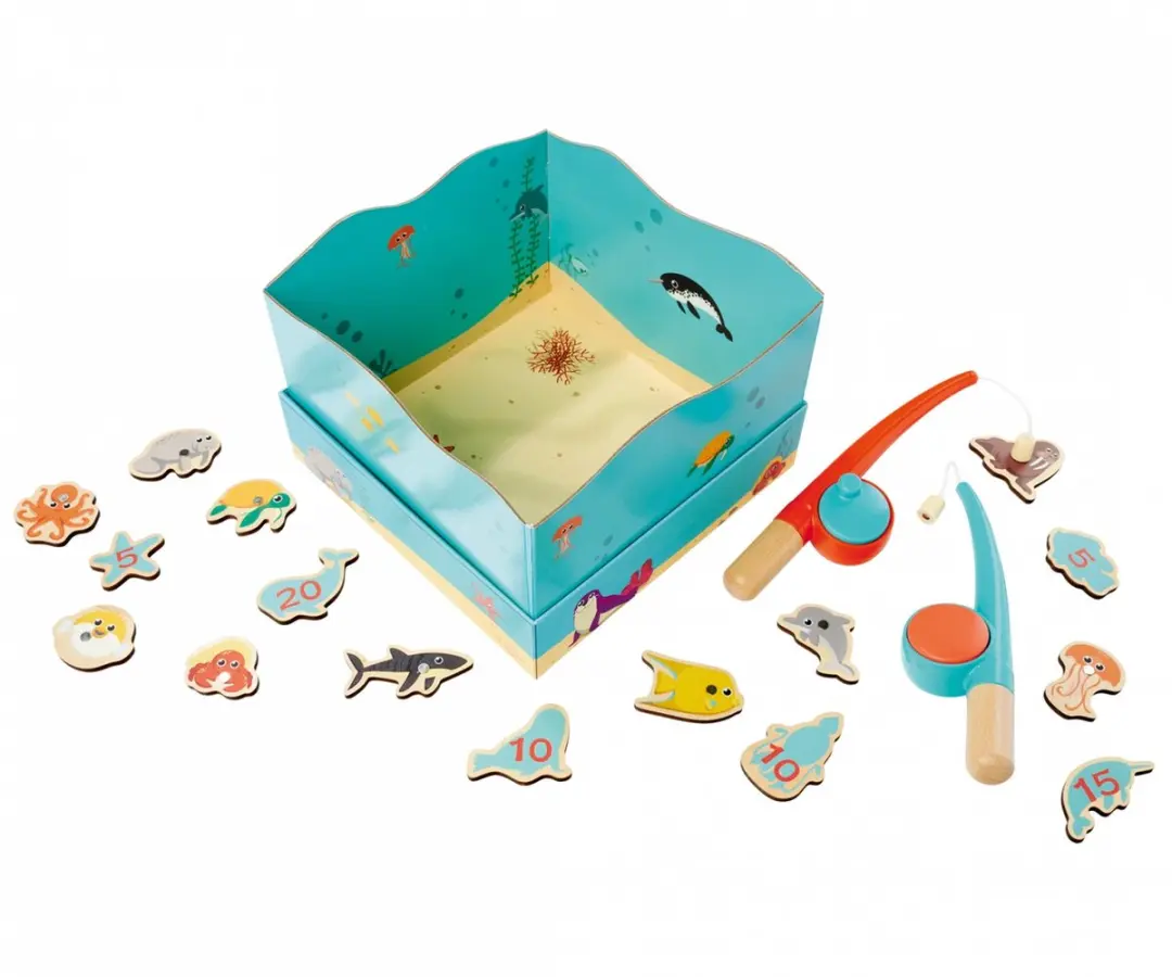 Houten visspel educatief speelgoed aquarium magneet hengel 19-delig.