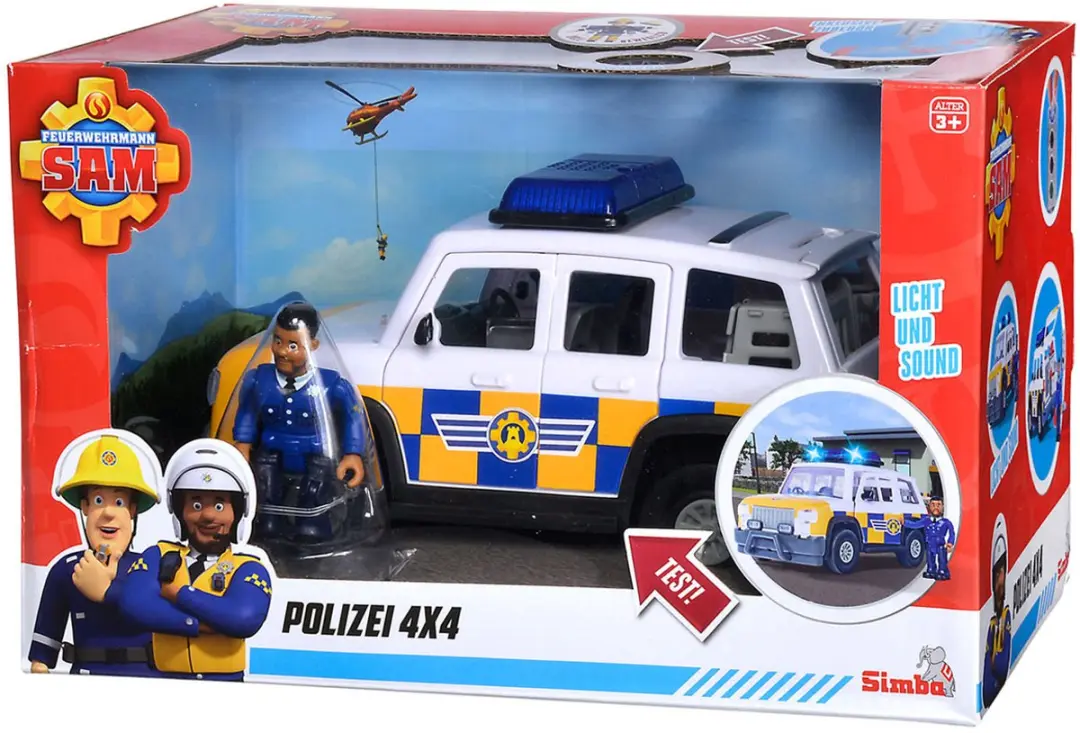 Simba Brandweerman Sam politieauto speelgoed met speelfiguur Malcolm.